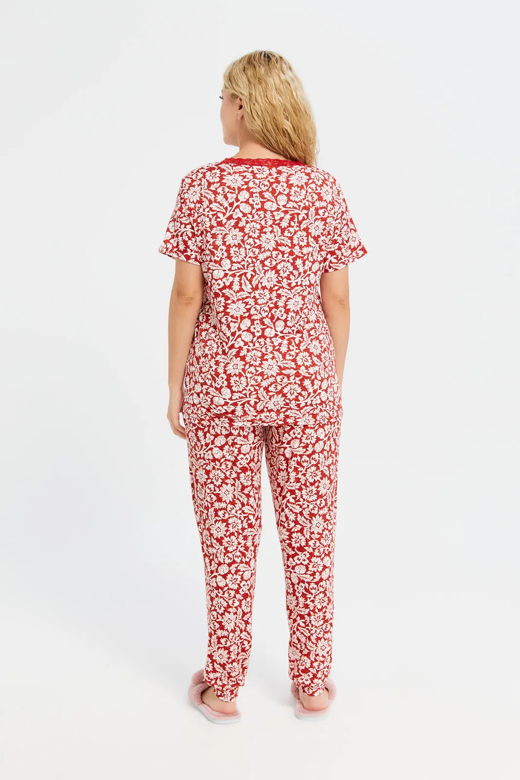 Women Red And White Printed Pyjama Set (2 Piece)