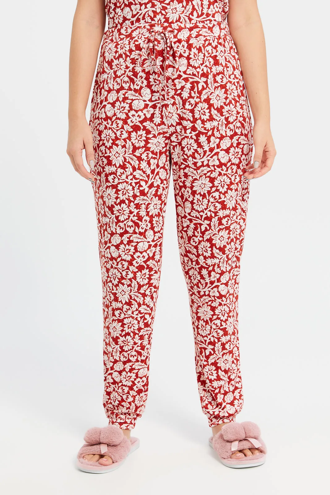 Women Red And White Printed Pyjama Set (2 Piece)