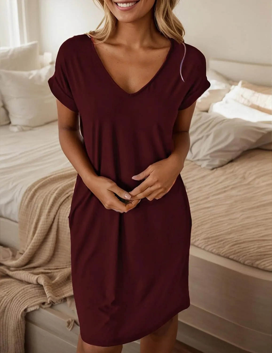 Women Shirt Dress Casual Loose Swing Dress V-Neck Short Sleeve Tunic Dress with Pockets