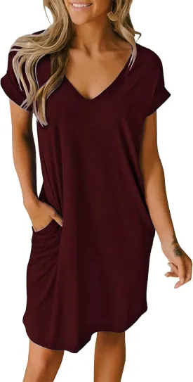 Women Shirt Dress Casual Loose Swing Dress V-Neck Short Sleeve Tunic Dress with Pockets