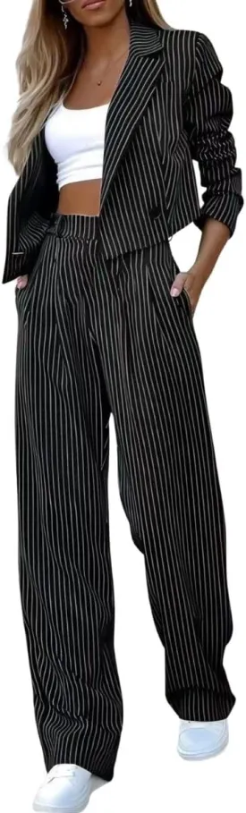 Women's 2 Piece Blazer Set Striped Cropped Blazers Jacket High Waist Wide Leg Work Pants Business Suit Outfits