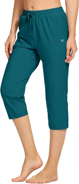 Women's Capri Pants Cotton Jersey Yoga Capris Drawstring Joggers Workout Sweatpants Loose Lounge Crop Pants Pockets