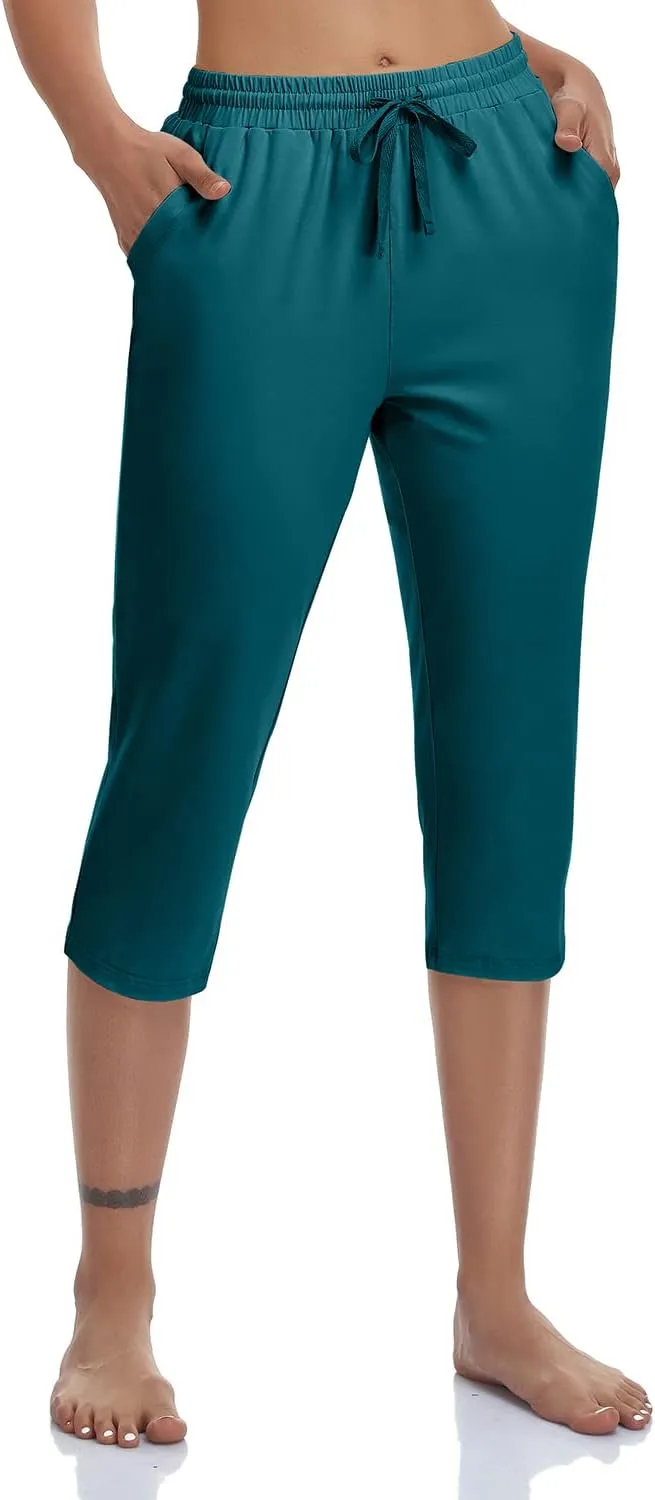 Women's Capri Pants Cotton Jersey Yoga Capris Drawstring Joggers Workout Sweatpants Loose Lounge Crop Pants Pockets