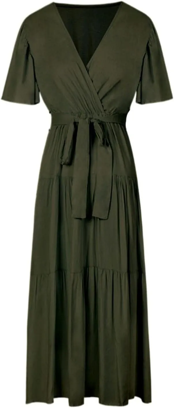 Women's Casual Dresses Loose Fit Short Sleeve Plain Casual Dresses V-Neck Solid Color Party Dress with Pockets