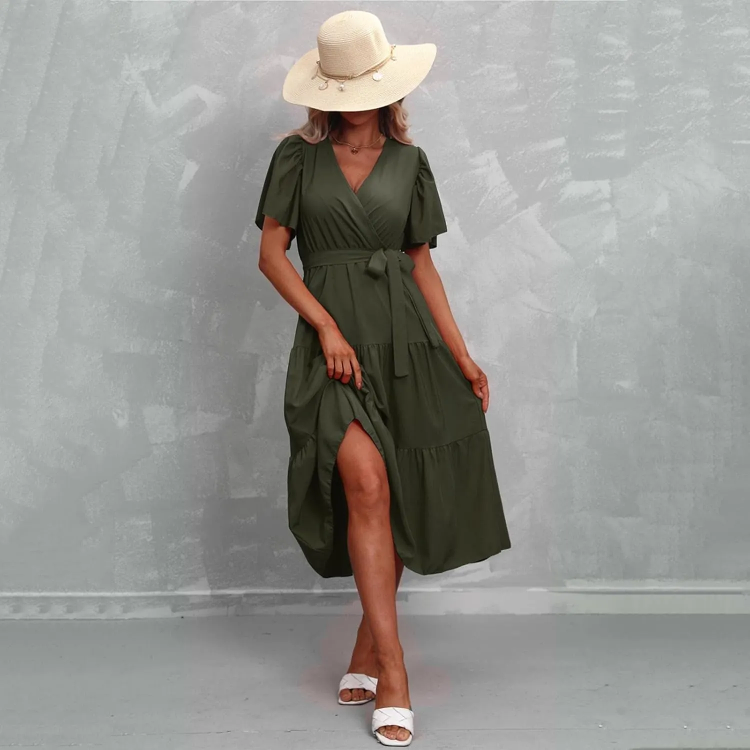 Women's Casual Dresses Loose Fit Short Sleeve Plain Casual Dresses V-Neck Solid Color Party Dress with Pockets