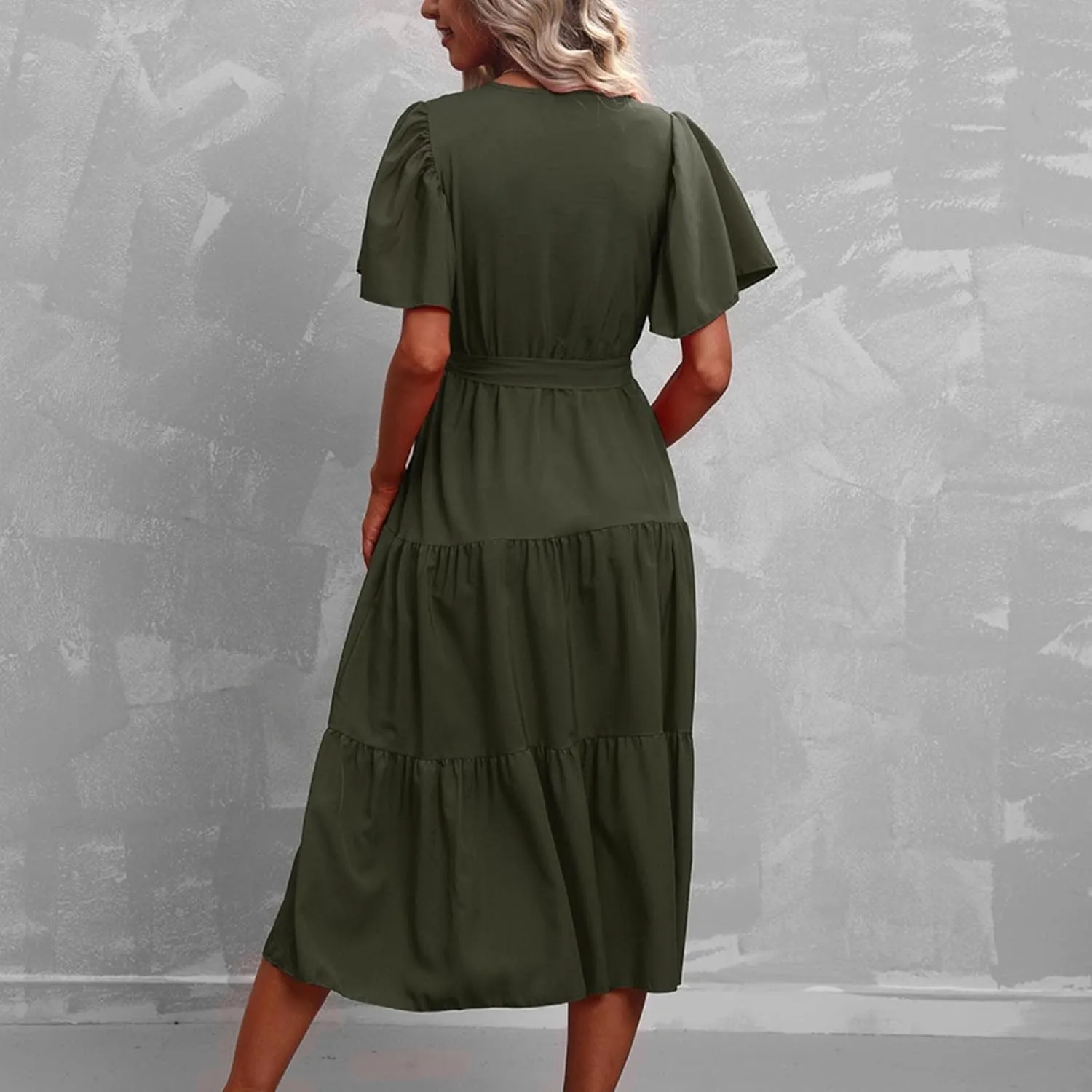 Women's Casual Dresses Loose Fit Short Sleeve Plain Casual Dresses V-Neck Solid Color Party Dress with Pockets