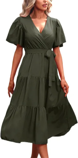 Women's Casual Dresses Loose Fit Short Sleeve Plain Casual Dresses V-Neck Solid Color Party Dress with Pockets