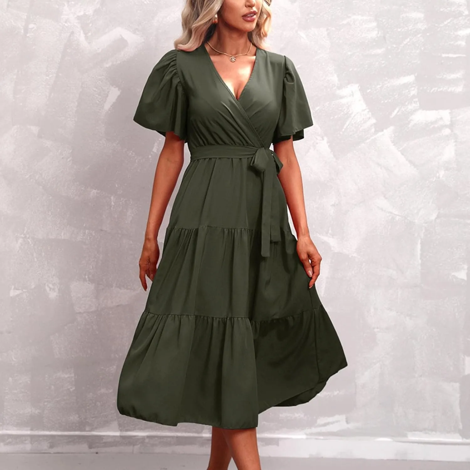 Women's Casual Dresses Loose Fit Short Sleeve Plain Casual Dresses V-Neck Solid Color Party Dress with Pockets