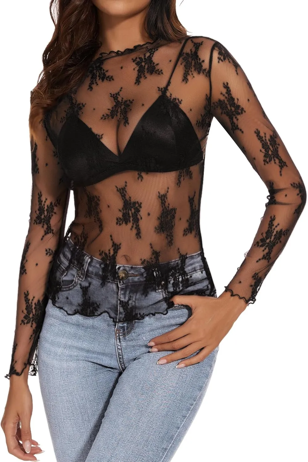 Womens Lace Mesh Long Sleeve Top Floral Sheer See Through Sexy Tops Mock Neck Shirts Party Club Night Blouses