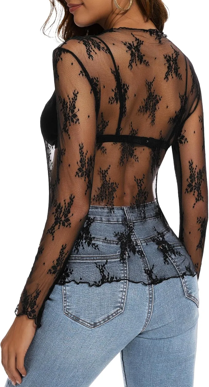 Womens Lace Mesh Long Sleeve Top Floral Sheer See Through Sexy Tops Mock Neck Shirts Party Club Night Blouses