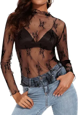 Womens Lace Mesh Long Sleeve Top Floral Sheer See Through Sexy Tops Mock Neck Shirts Party Club Night Blouses