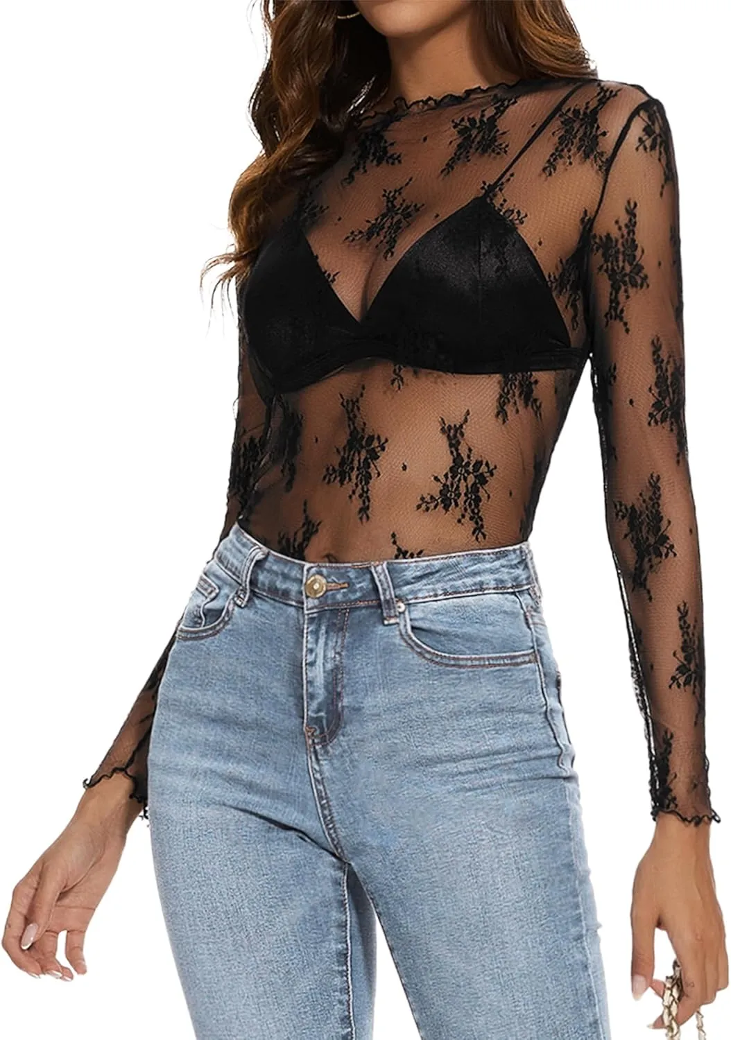 Womens Lace Mesh Long Sleeve Top Floral Sheer See Through Sexy Tops Mock Neck Shirts Party Club Night Blouses