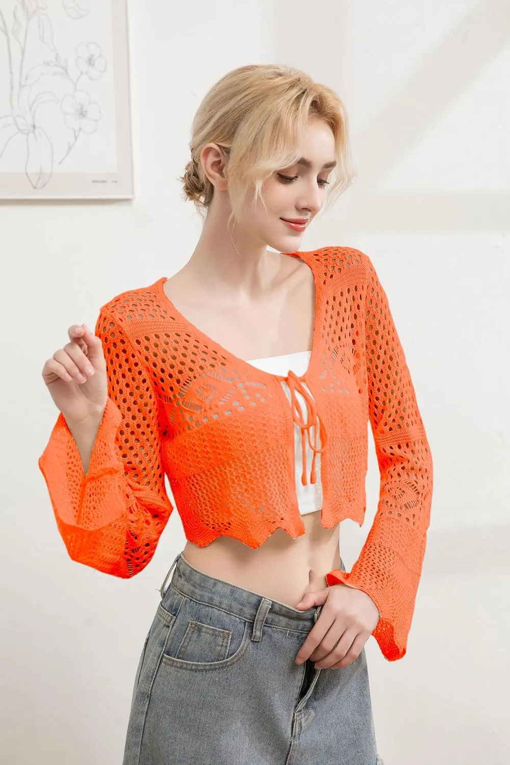 Women's Lightweight Summer V-Neck Tie Front Cropped Cardigan Bell Long Sleeve Crochet Knit Open Front Top