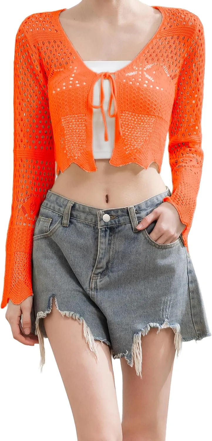 Women's Lightweight Summer V-Neck Tie Front Cropped Cardigan Bell Long Sleeve Crochet Knit Open Front Top