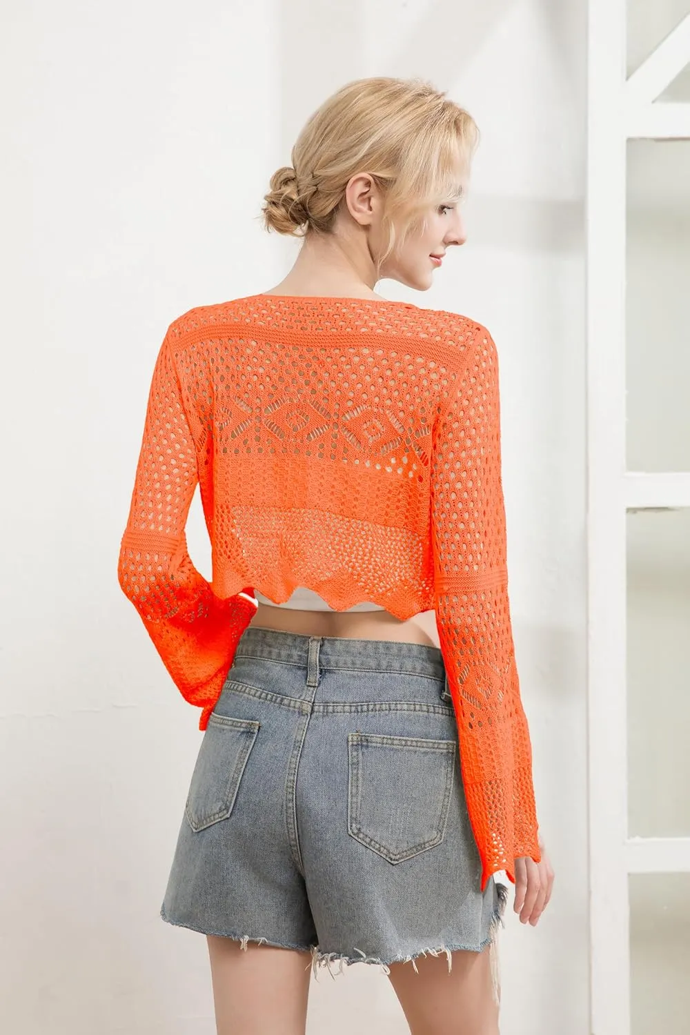 Women's Lightweight Summer V-Neck Tie Front Cropped Cardigan Bell Long Sleeve Crochet Knit Open Front Top