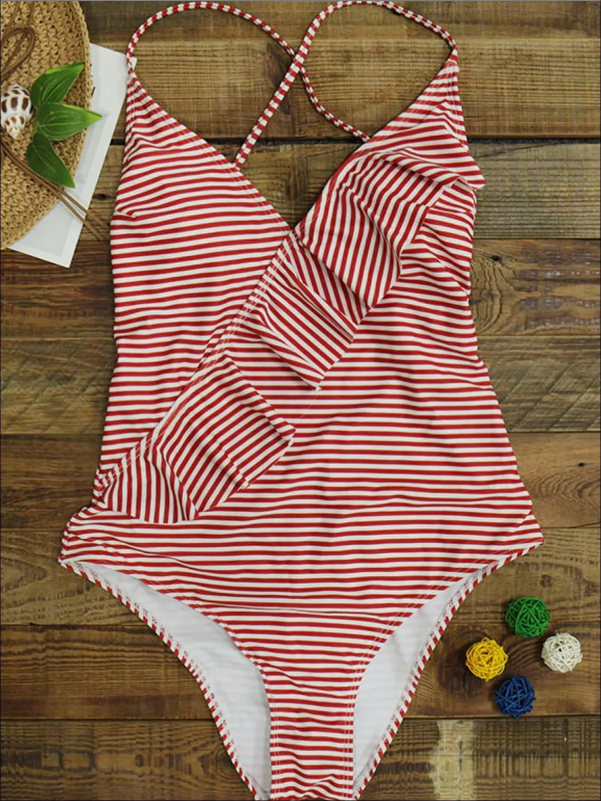 Women's Striped Cross Back Ruffled Monokini