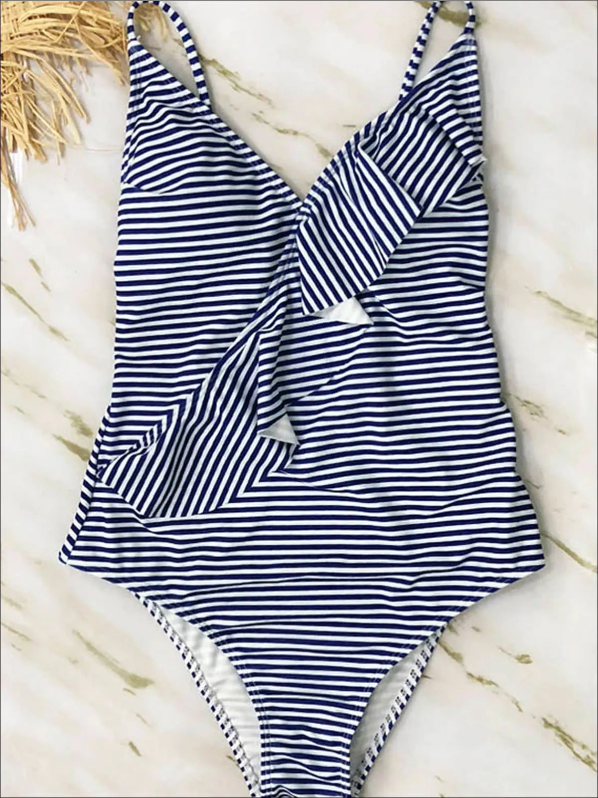 Women's Striped Cross Back Ruffled Monokini