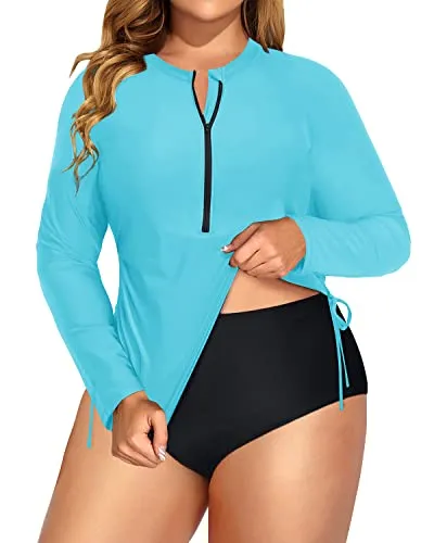 Zipper Long Sleeve Rash Guard Two Piece Plus Size Swimsuit-Aqua