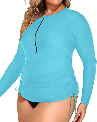 Zipper Long Sleeve Rash Guard Two Piece Plus Size Swimsuit-Aqua